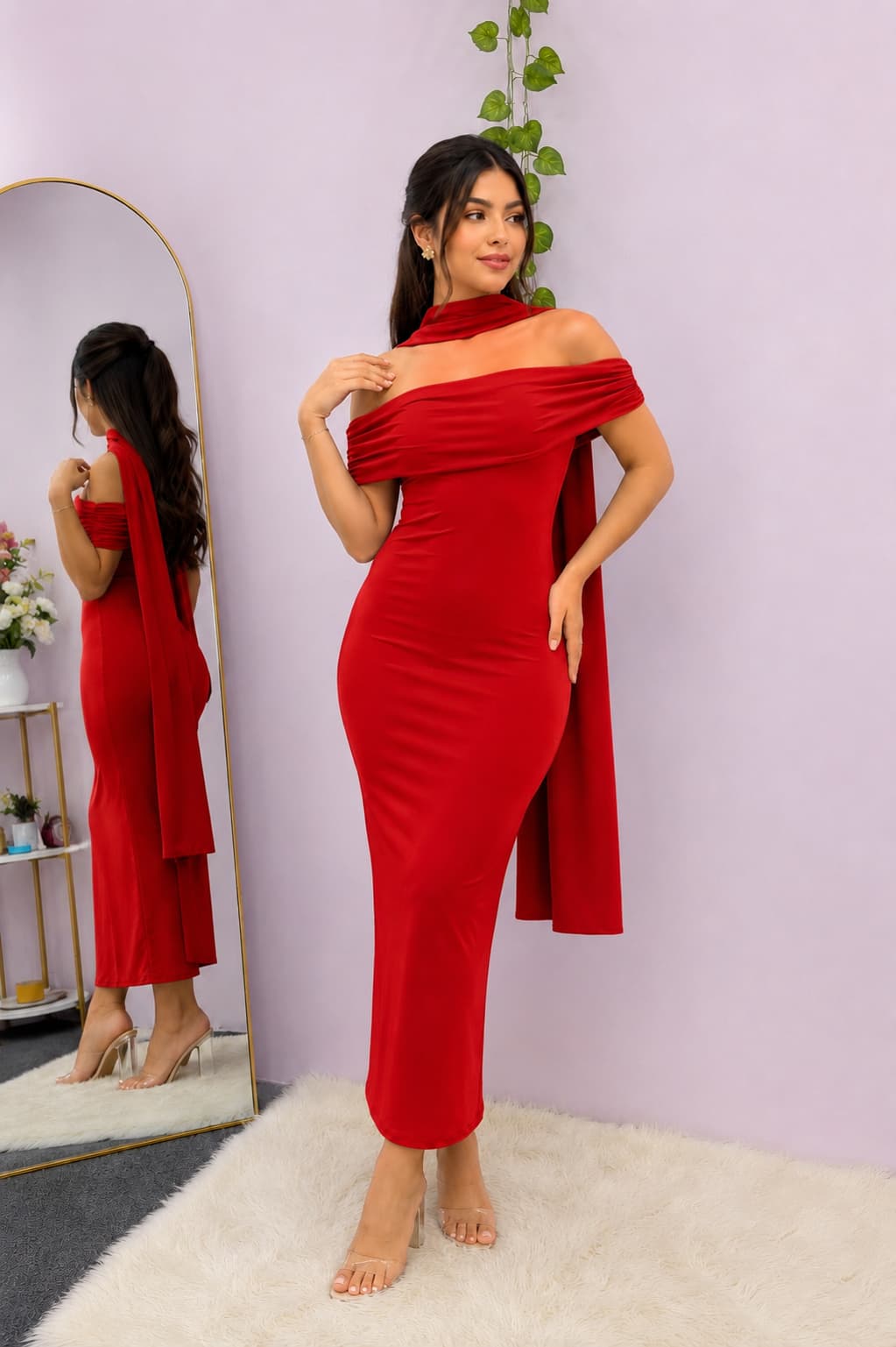 Vestido Midi Off Shoulder con Pañuelo al Cuello