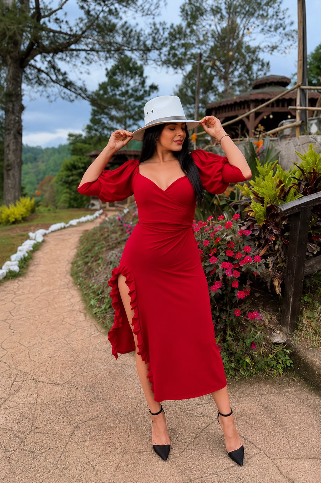Vestido Midi  con Abertura y Volantes